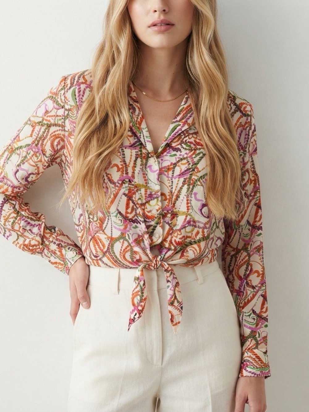 Rachel Zoe Womens Medium Multicolor Tie Front Crop Blouse Top Satin